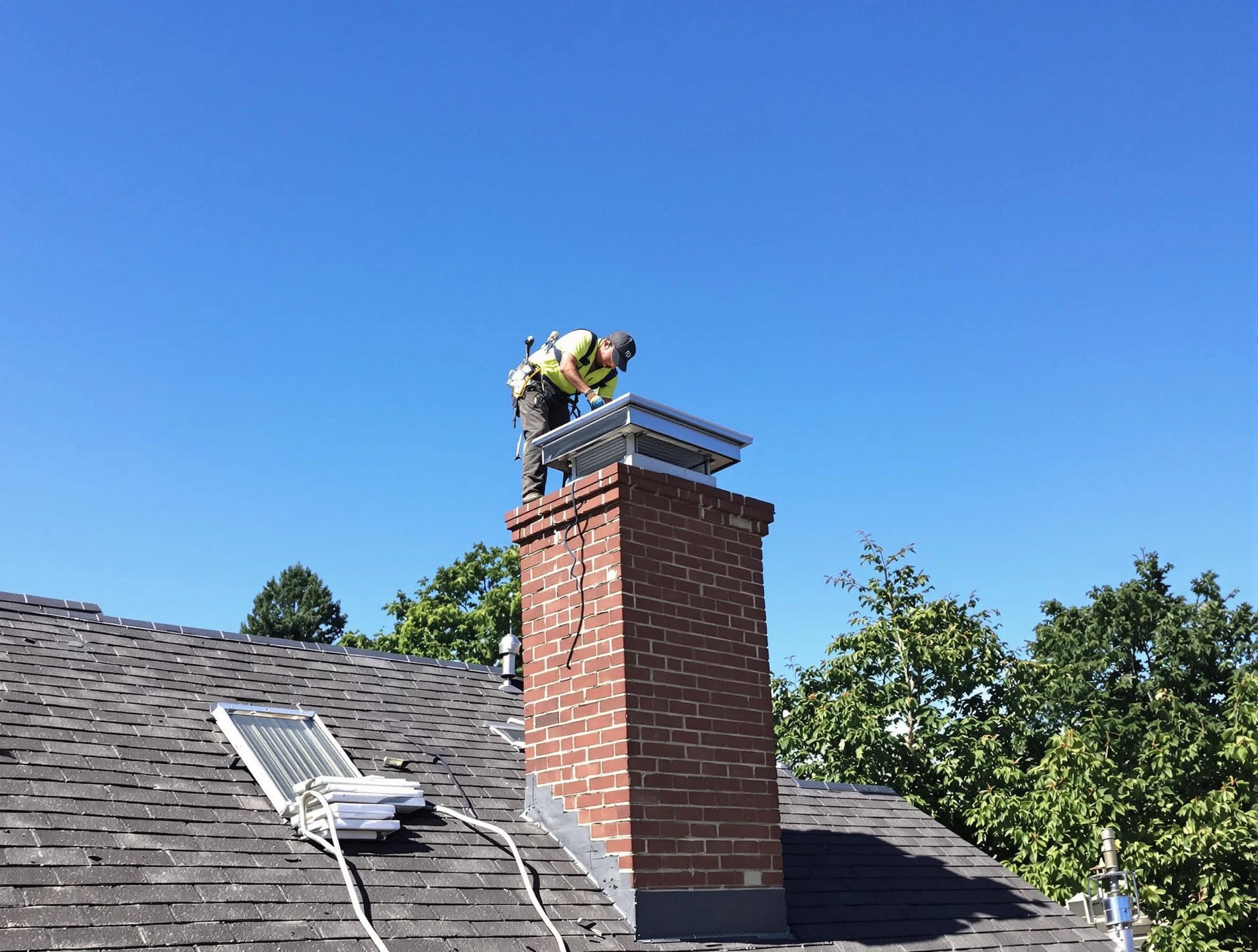 Montville Chimney Sweep technician measuring a chimney cap in Montville, NJ